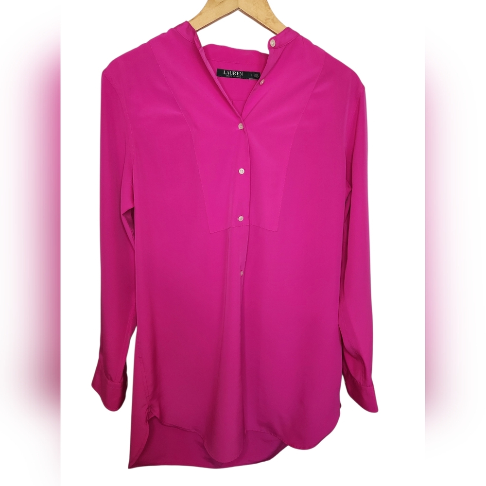 Lauren Ralph Lauren Fuchsia Pink Tunic Blouse Size L Split Neck Button Front